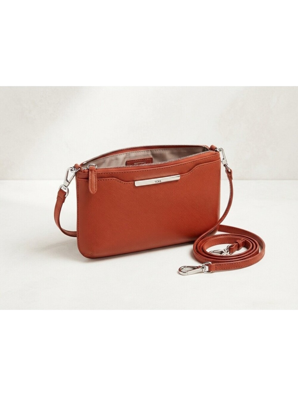 Tumi Saffiano Leather Crossbody Bag Rust Orange Silver Hardware Convertible